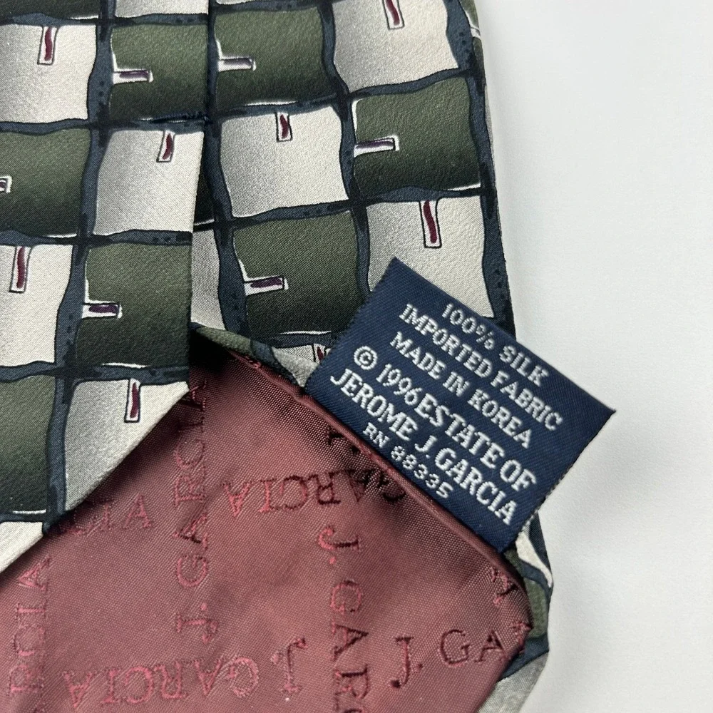 Vintage‎ 1996 J. Garcia Ancient Writing Green Silver Geometric 100% Silk Tie